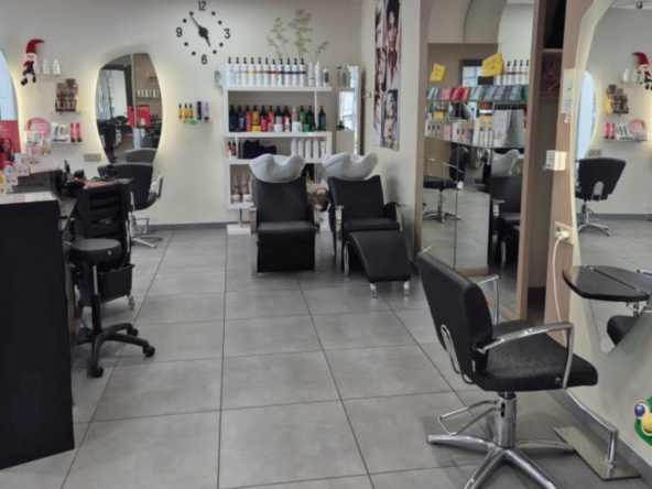 Salon de coiffure mixte et institut capillaire de 143 m², rénové, bonne clientèle fidèle, fort potentiel de développement. Prix de vente : 75 000 €. Loyer : 500 €/mois.