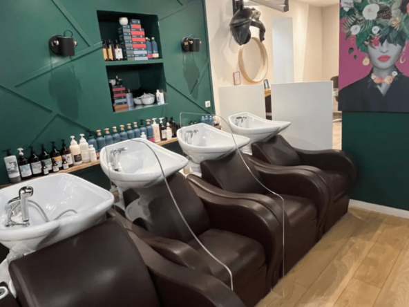 Salon de coiffure haut de gamme en centre-ville, 95 m², 10 postes, 4 bacs, cabine esthétique, équipe en place. Emplacement premium et clientèle fidèle. CA 430K €. Prix : 300 000 €.