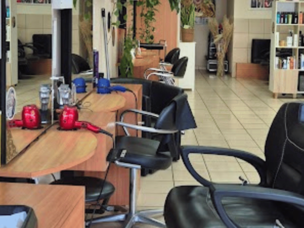 Salon de coiffure 100 m² à vendre sur place principale avec forte visibilité, 8 postes, 3 bacs, sous-sol, bon potentiel. Prix : 90 000 €.