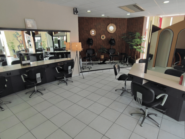 Salon de coiffure mixte de 129 m² à vendre en centre-ville, avec 11 postes, 4 bacs, parking gratuit et appartement de 117 m² inclus. Prix : 180 000 €.