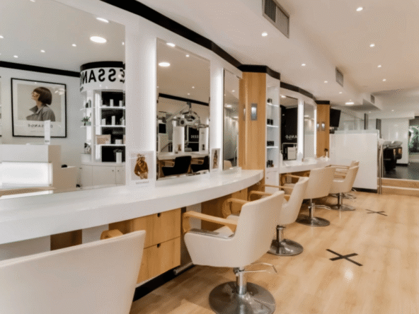 Salon de coiffure à vendre de 75 m² avec 9 postes, 4 bacs et 6 salariés. CA HT 288 300 €, salon entièrement équipé, prêt à exploiter.