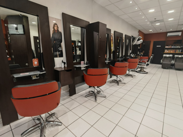 Salon de coiffure à vendre en galerie commerciale, fort trafic, clientèle fidèle, équipe stable de 7 salariés et CA de 386 000 €. Affaire rentable et bien implantée.