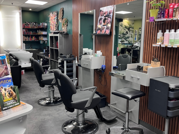 Salon de coiffure mixte à vendre, 50 m², 3 bacs, 7 postes et clientèle fidèle depuis 15 ans. CA HT 114 300 €, parking gratuit et quartier en développement.