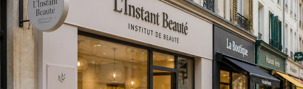 institut de beauté situé dans une rue avec plusieurs commerces.